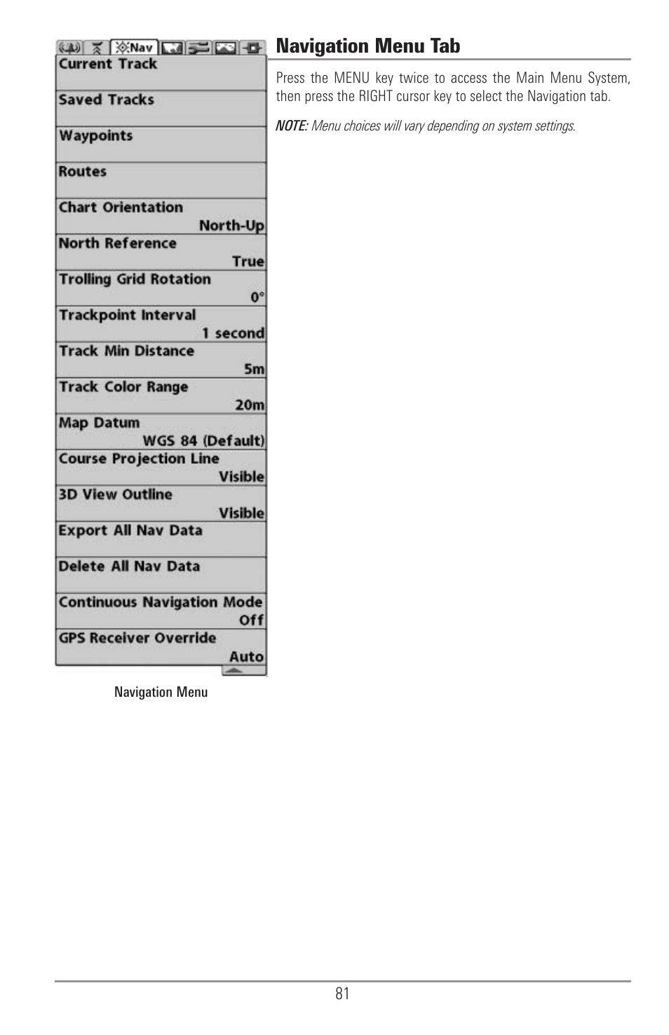 Navigation menu tab | Humminbird 1155C User Manual | Page 89 / 129