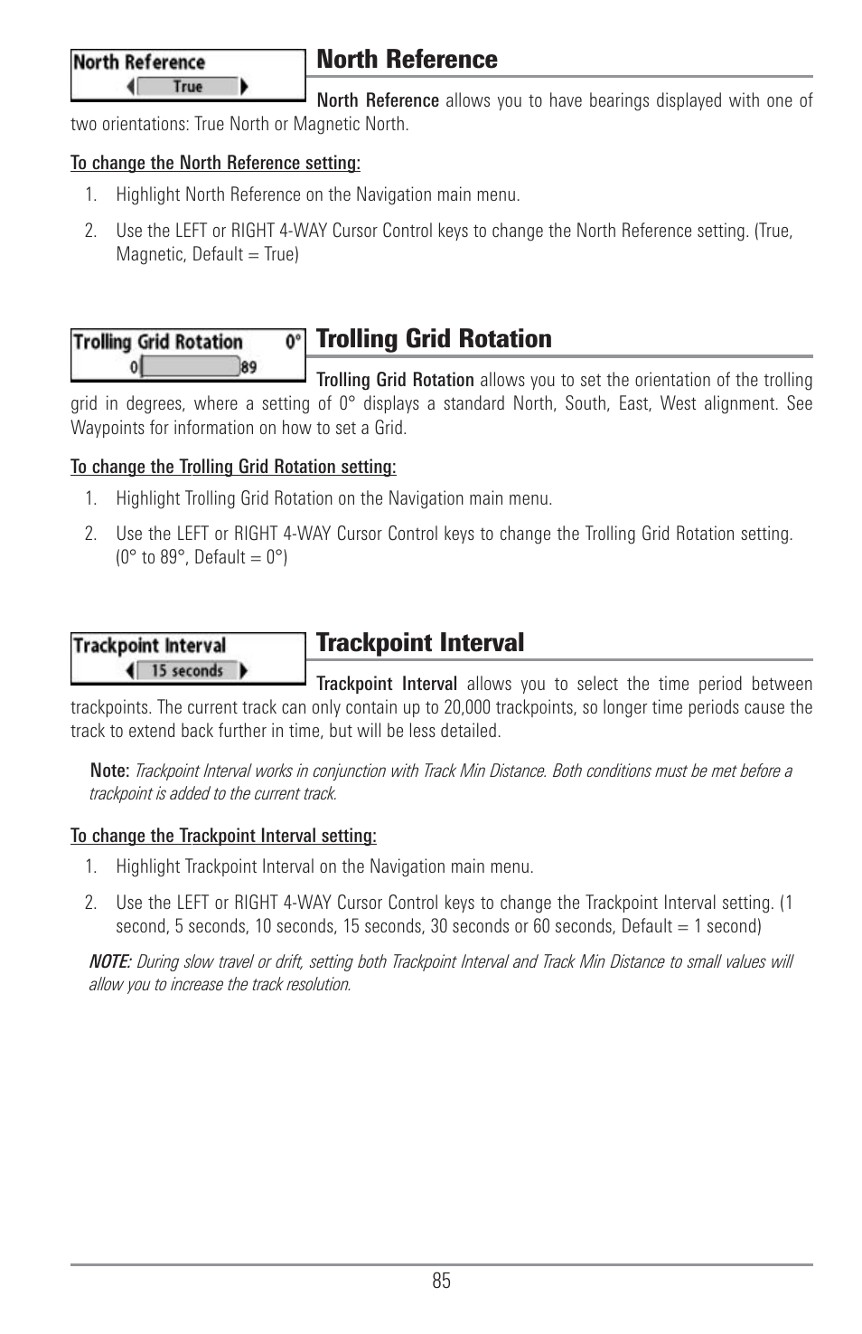 North reference, Trolling grid rotation, Trackpoint interval | Humminbird 1155C User Manual | Page 93 / 129