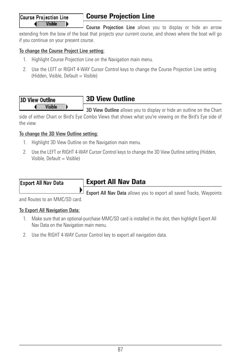 Course projection line, 3d view outline, Export all nav data | Humminbird 1155C User Manual | Page 95 / 129