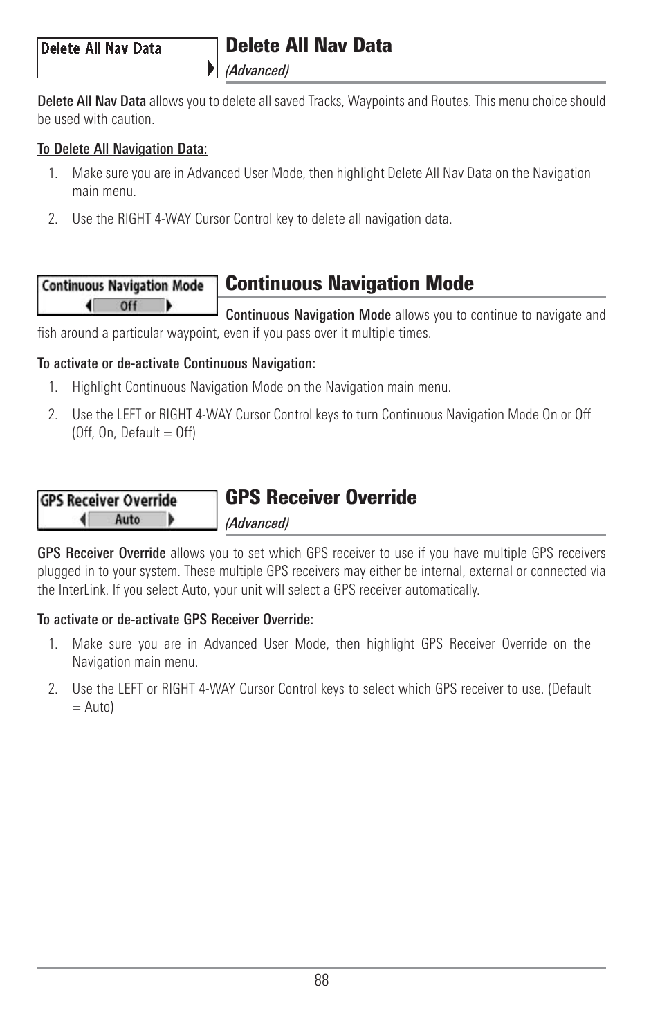 Delete all nav data, Continuous navigation mode, Gps receiver override | Humminbird 1155C User Manual | Page 96 / 129