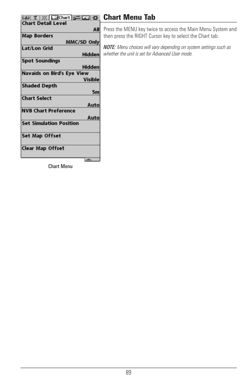 Chart menu tab | Humminbird 1155C User Manual | Page 97 / 129