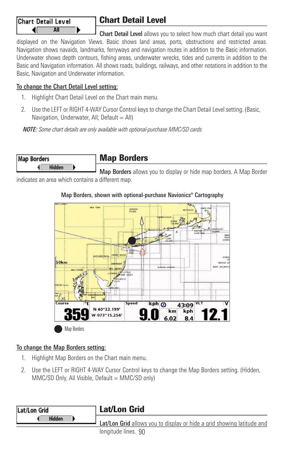 Chart detail level, Map borders, Lat/lon grid | Humminbird 1155C User Manual | Page 98 / 129
