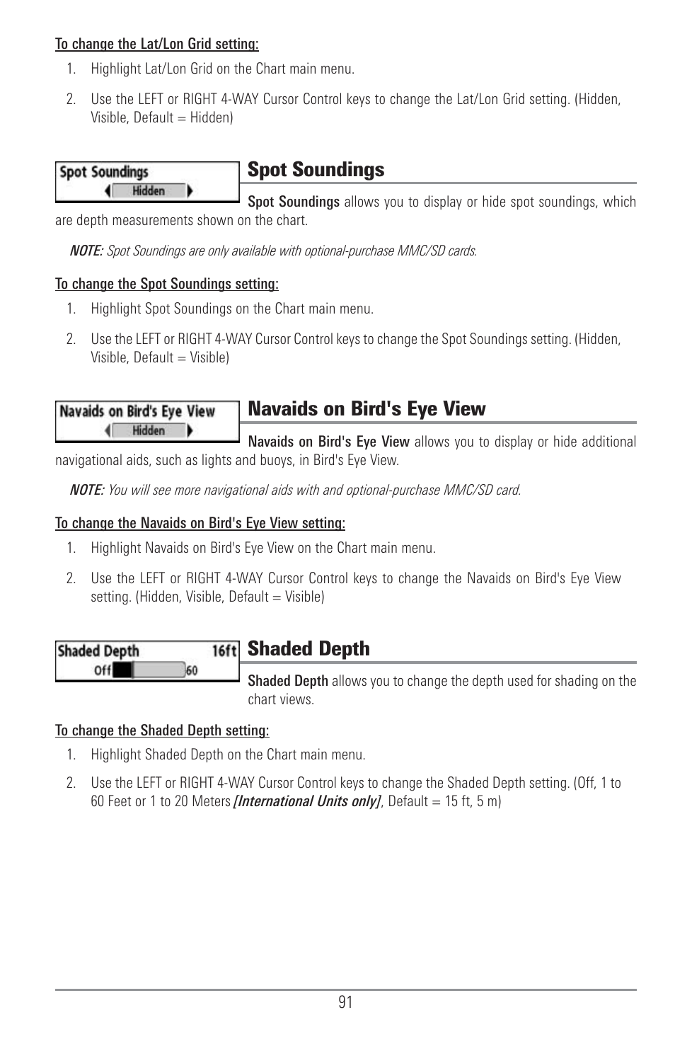 Spot soundings, Navaids on bird's eye view, Shaded depth | Humminbird 1155C User Manual | Page 99 / 129