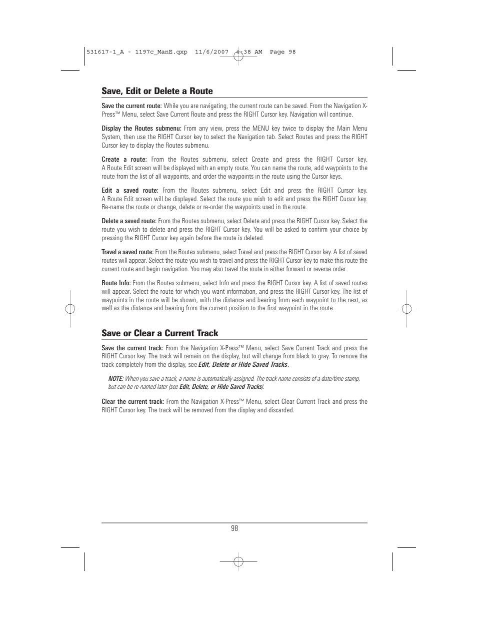 Save, edit or delete a route, Save or clear a current track | Humminbird 1197C SI User Manual | Page 106 / 196