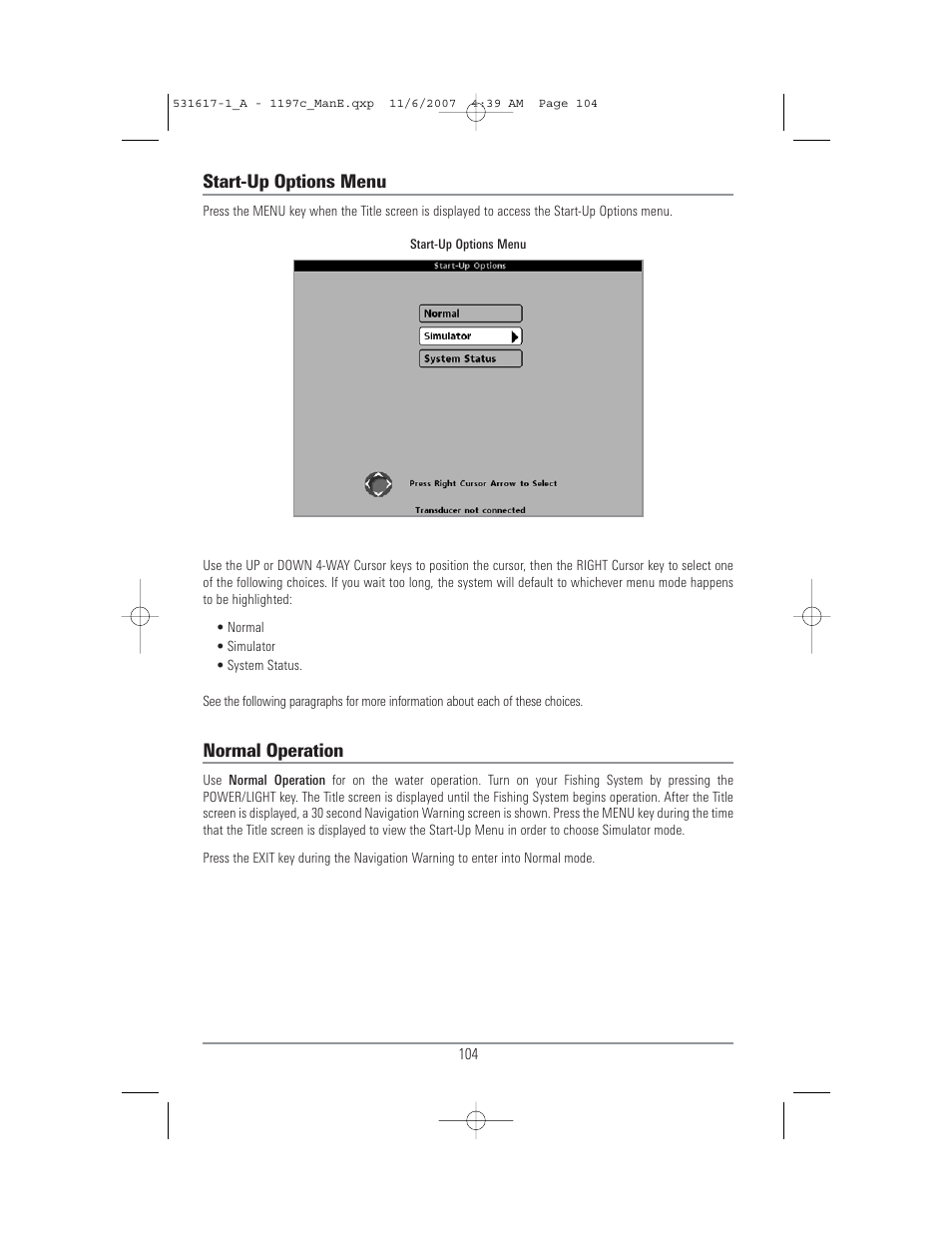 Start-up options menu, Normal operation | Humminbird 1197C SI User Manual | Page 112 / 196