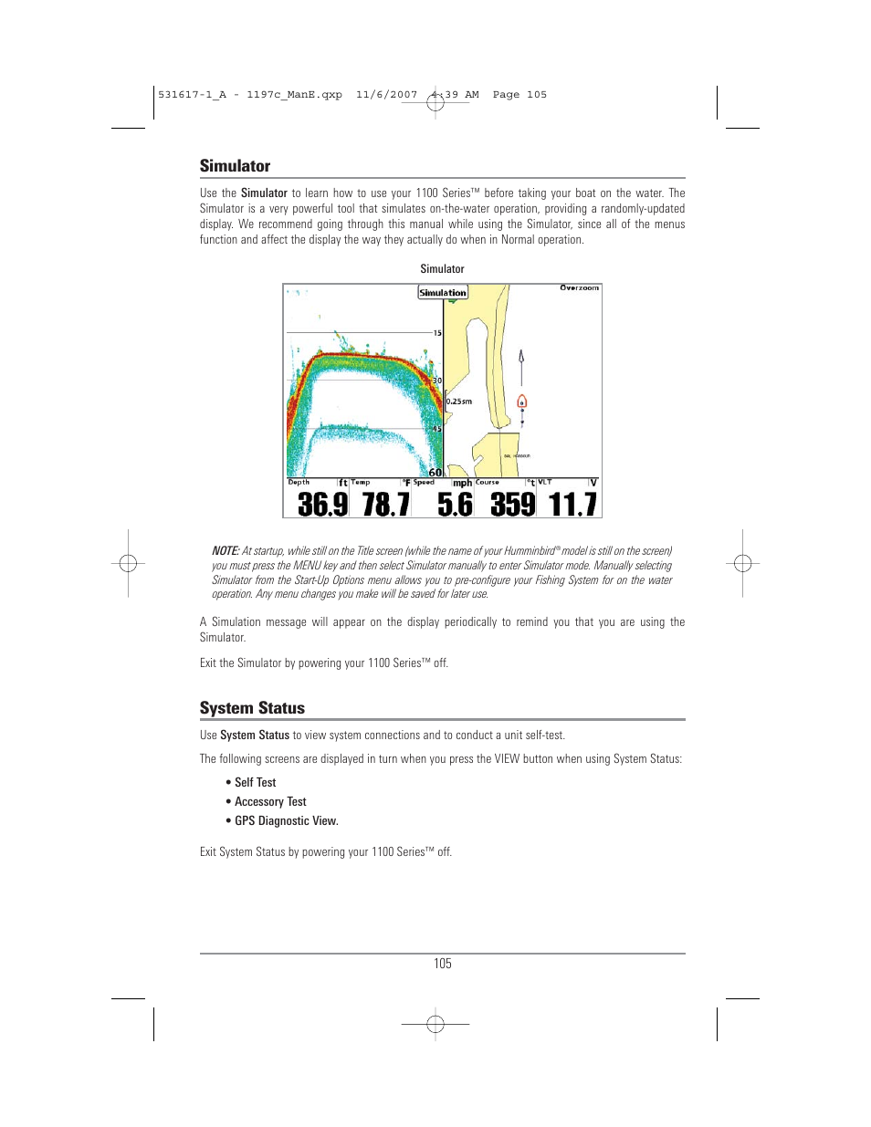 Simulator, System status | Humminbird 1197C SI User Manual | Page 113 / 196