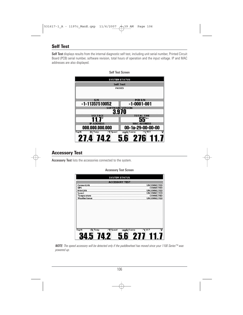 Self test, Accessory test | Humminbird 1197C SI User Manual | Page 114 / 196