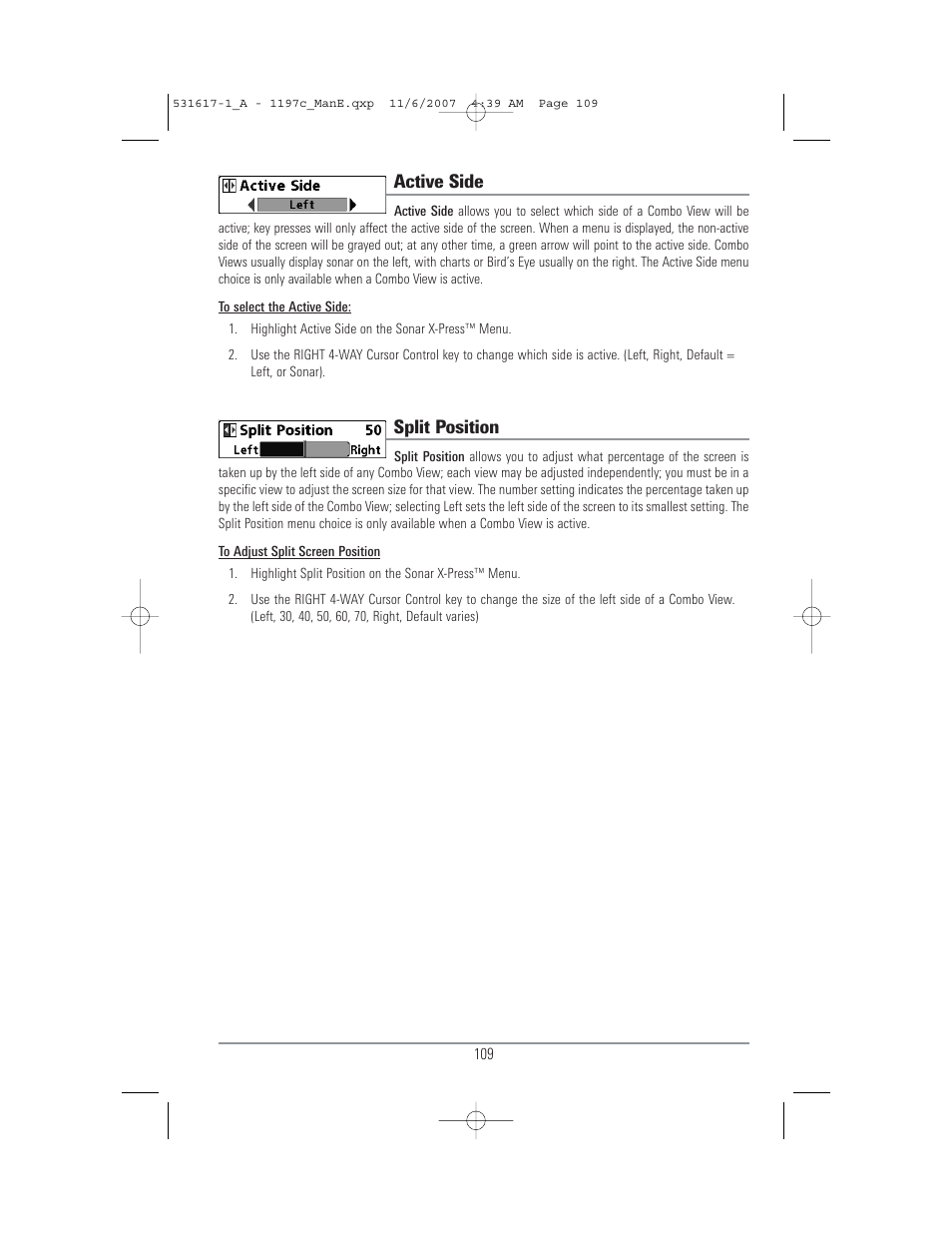 Active side, Split position | Humminbird 1197C SI User Manual | Page 117 / 196