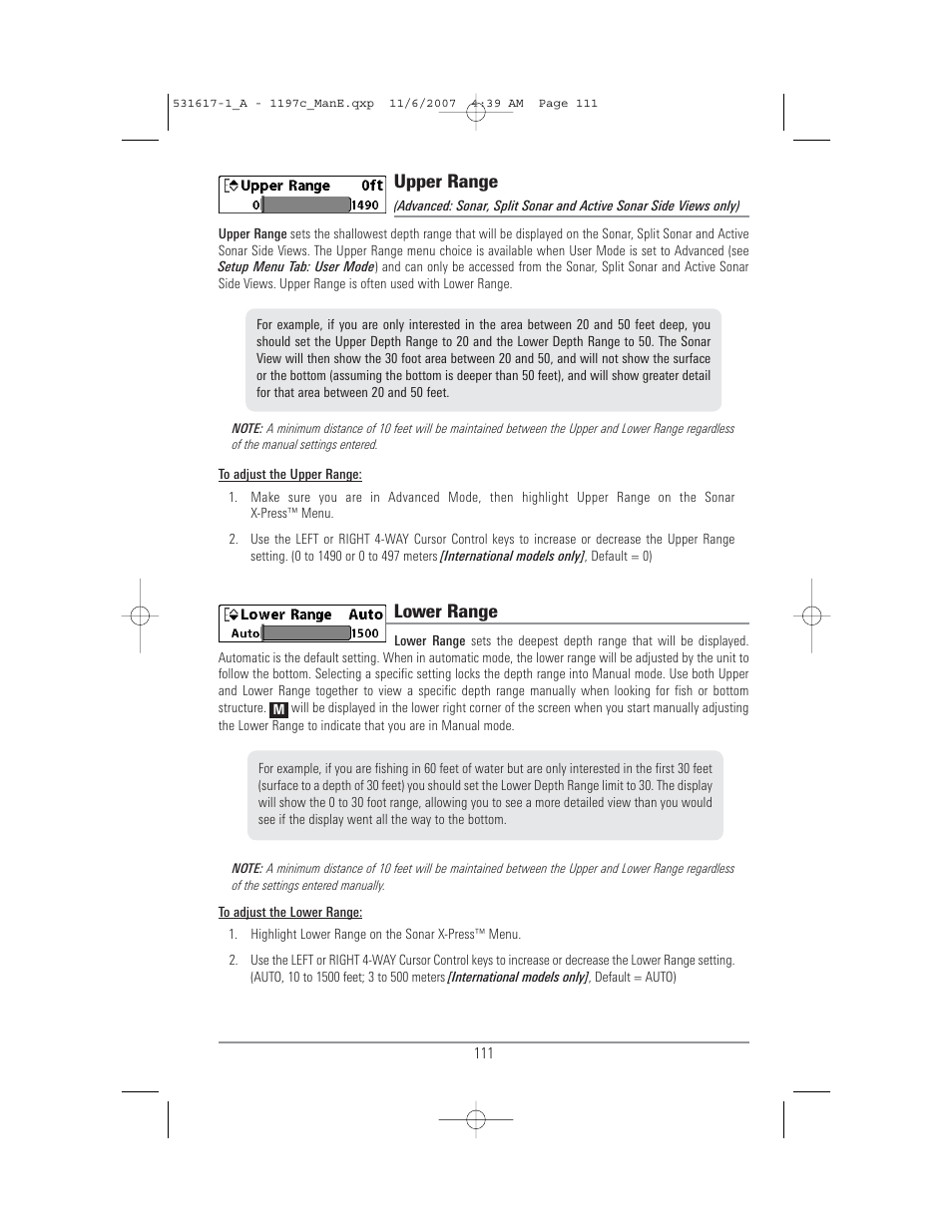 Upper range, Lower range | Humminbird 1197C SI User Manual | Page 119 / 196