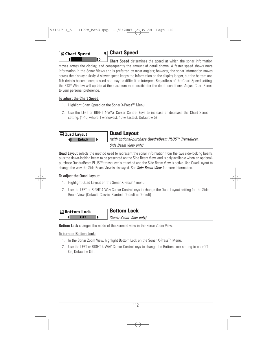 Chart speed, Quad layout, Bottom lock | Humminbird 1197C SI User Manual | Page 120 / 196