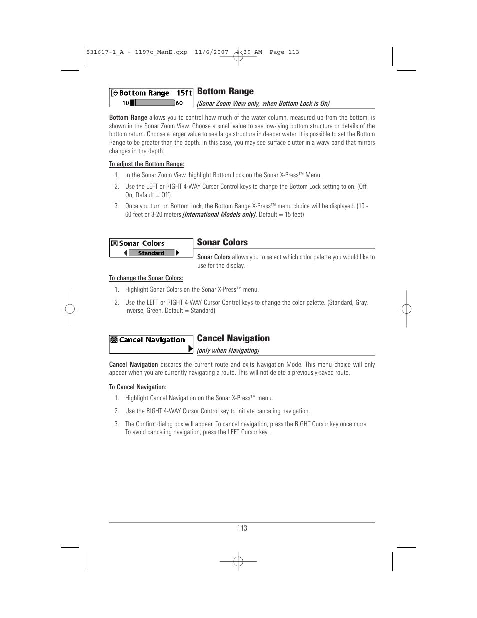 Bottom range, Sonar colors, Cancel navigation | Humminbird 1197C SI User Manual | Page 121 / 196