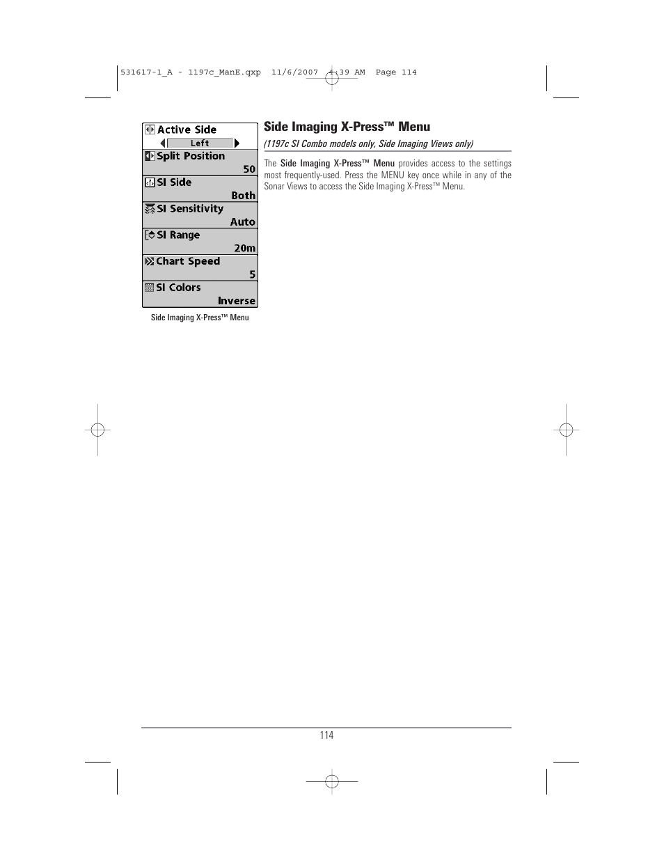 Side imaging x-press™ menu | Humminbird 1197C SI User Manual | Page 122 / 196