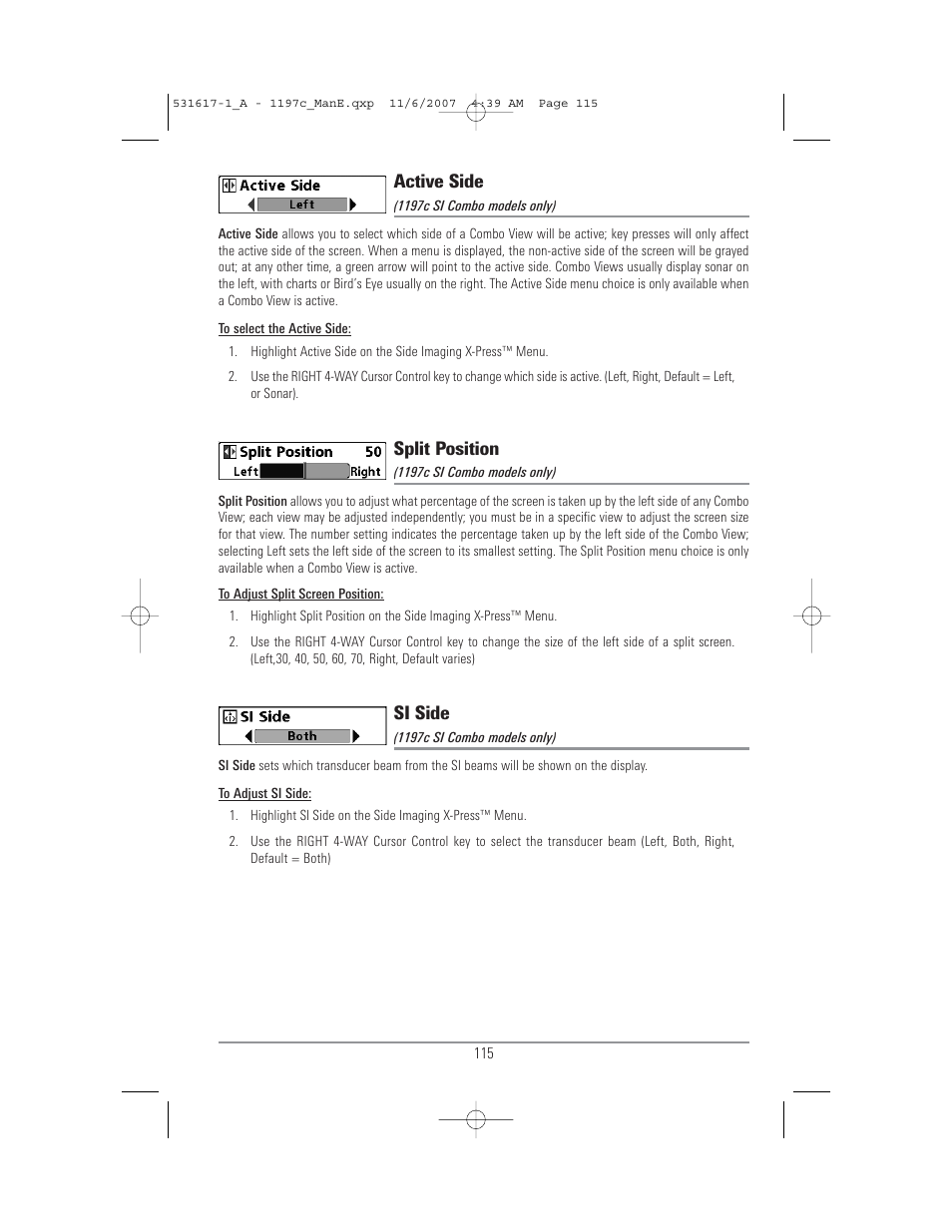 Active side, Split position, Si side | Humminbird 1197C SI User Manual | Page 123 / 196