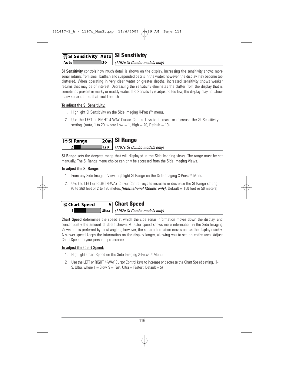 Si sensitivity, Si range, Chart speed | Humminbird 1197C SI User Manual | Page 124 / 196