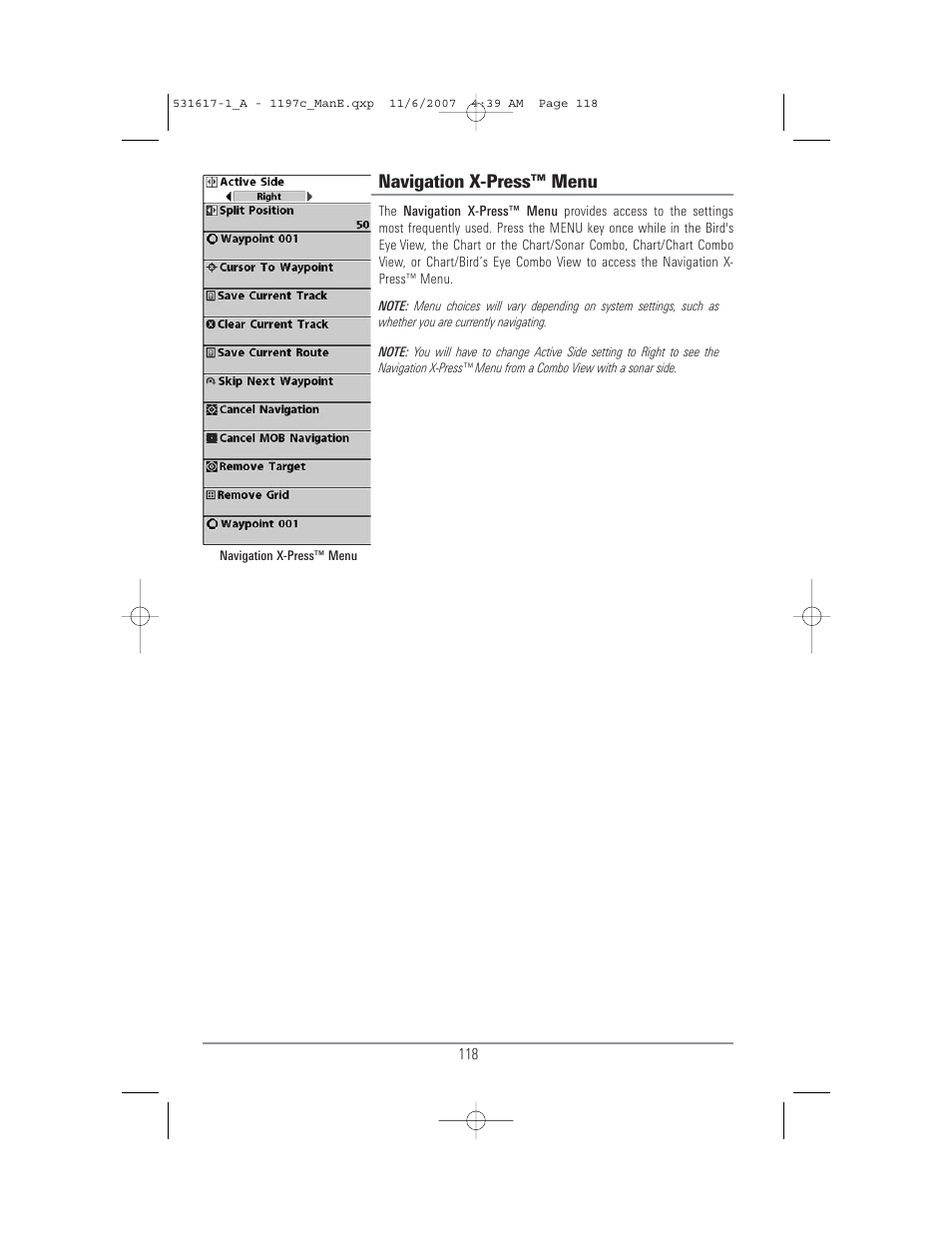 Navigation x-press™ menu | Humminbird 1197C SI User Manual | Page 126 / 196