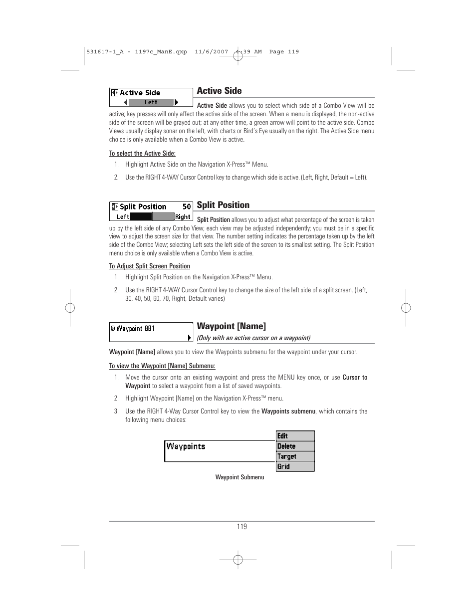 Active side, Split position, Waypoint [name | Humminbird 1197C SI User Manual | Page 127 / 196