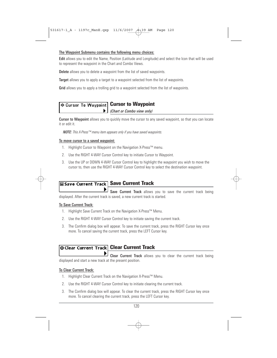 Cursor to waypoint, Save current track, Clear current track | Humminbird 1197C SI User Manual | Page 128 / 196