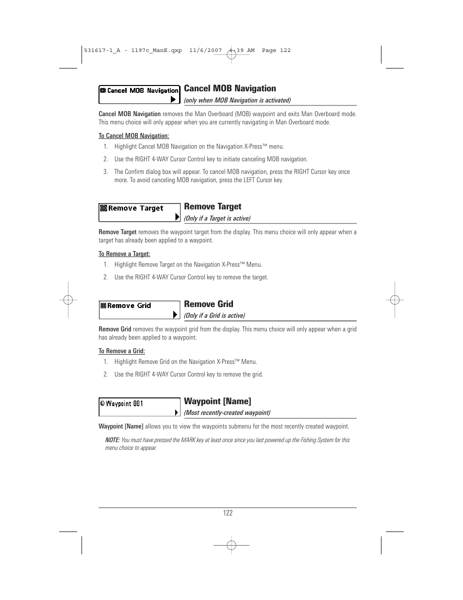 Cancel mob navigation, Remove target, Remove grid | Waypoint [name | Humminbird 1197C SI User Manual | Page 130 / 196