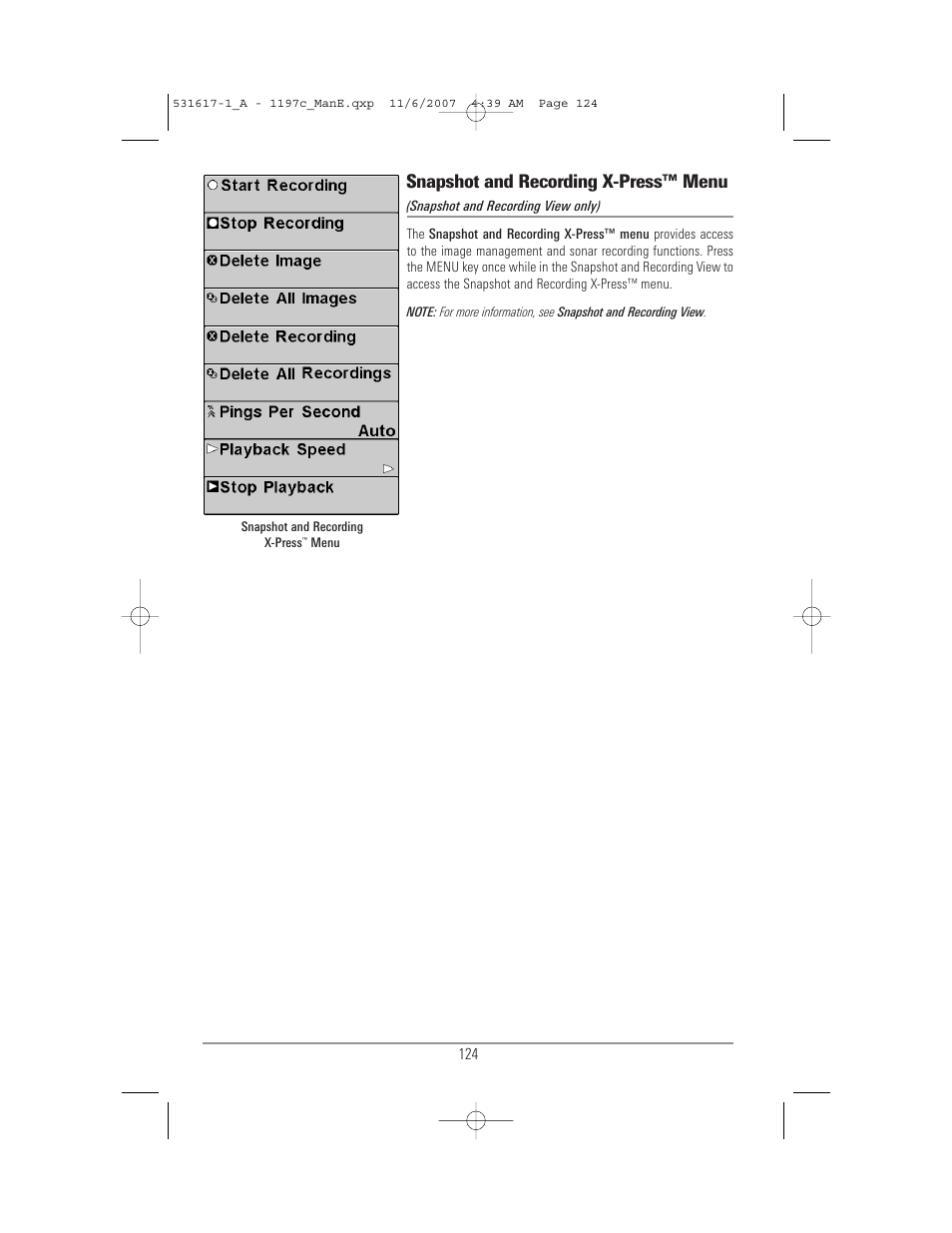 Snapshot and recording x-press™ menu | Humminbird 1197C SI User Manual | Page 132 / 196