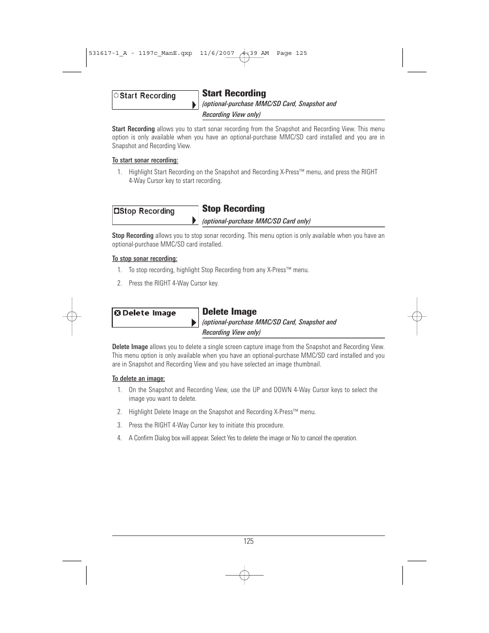 Start recording, Stop recording, Delete image | Humminbird 1197C SI User Manual | Page 133 / 196