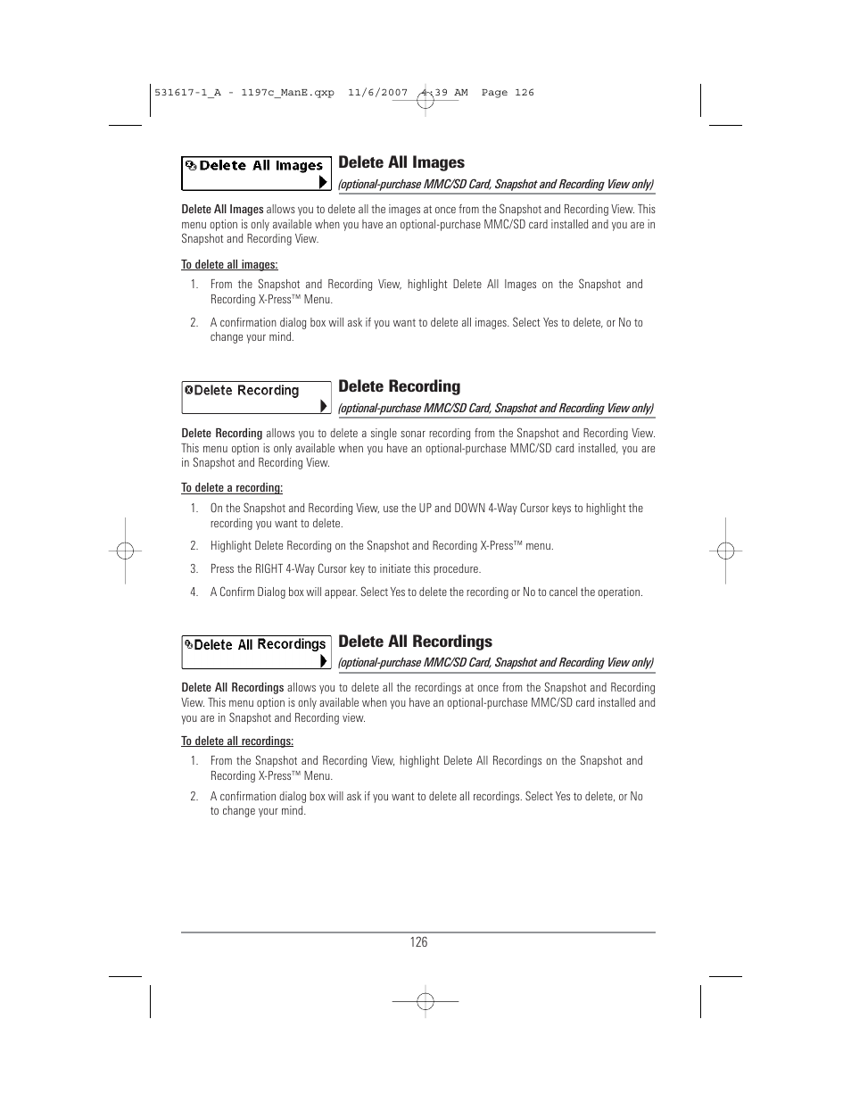 Delete all images, Delete recording, Delete all recordings | Humminbird 1197C SI User Manual | Page 134 / 196