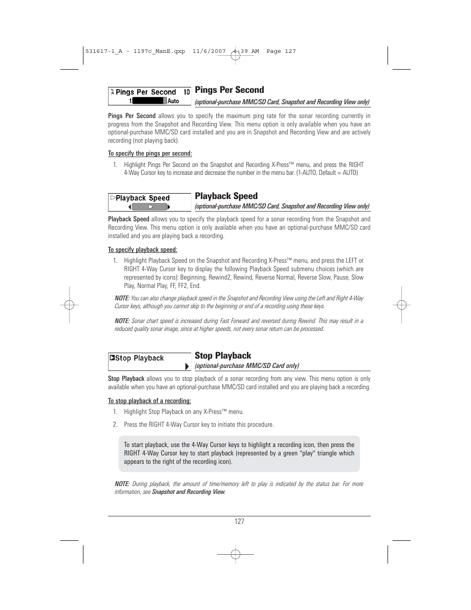 Pings per second, Playback speed, Stop playback | Humminbird 1197C SI User Manual | Page 135 / 196