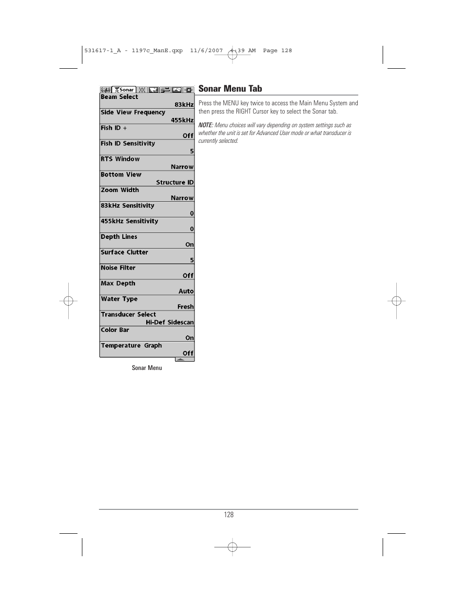 Sonar menu tab | Humminbird 1197C SI User Manual | Page 136 / 196