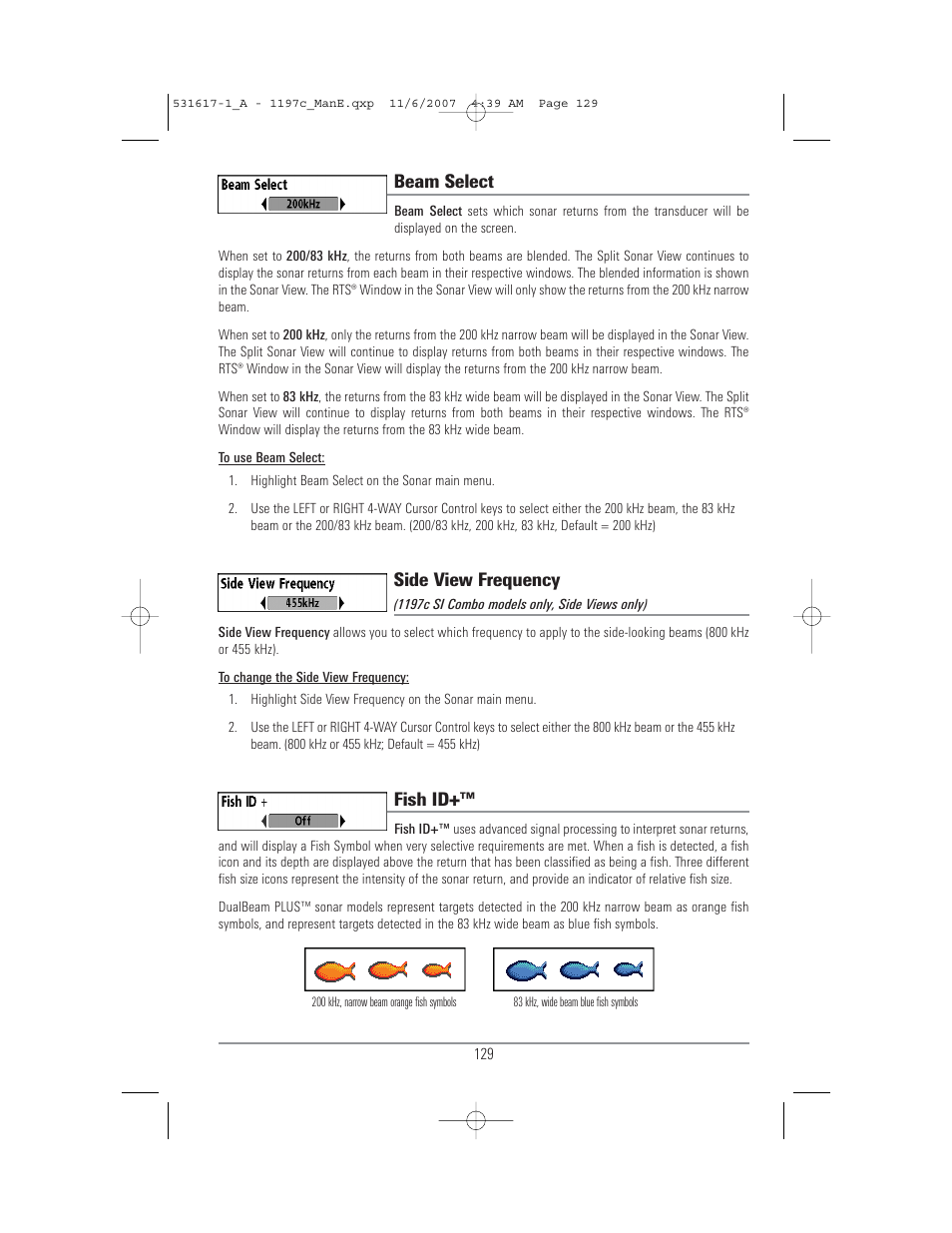 Beam select, Side view frequency, Fish id | Humminbird 1197C SI User Manual | Page 137 / 196