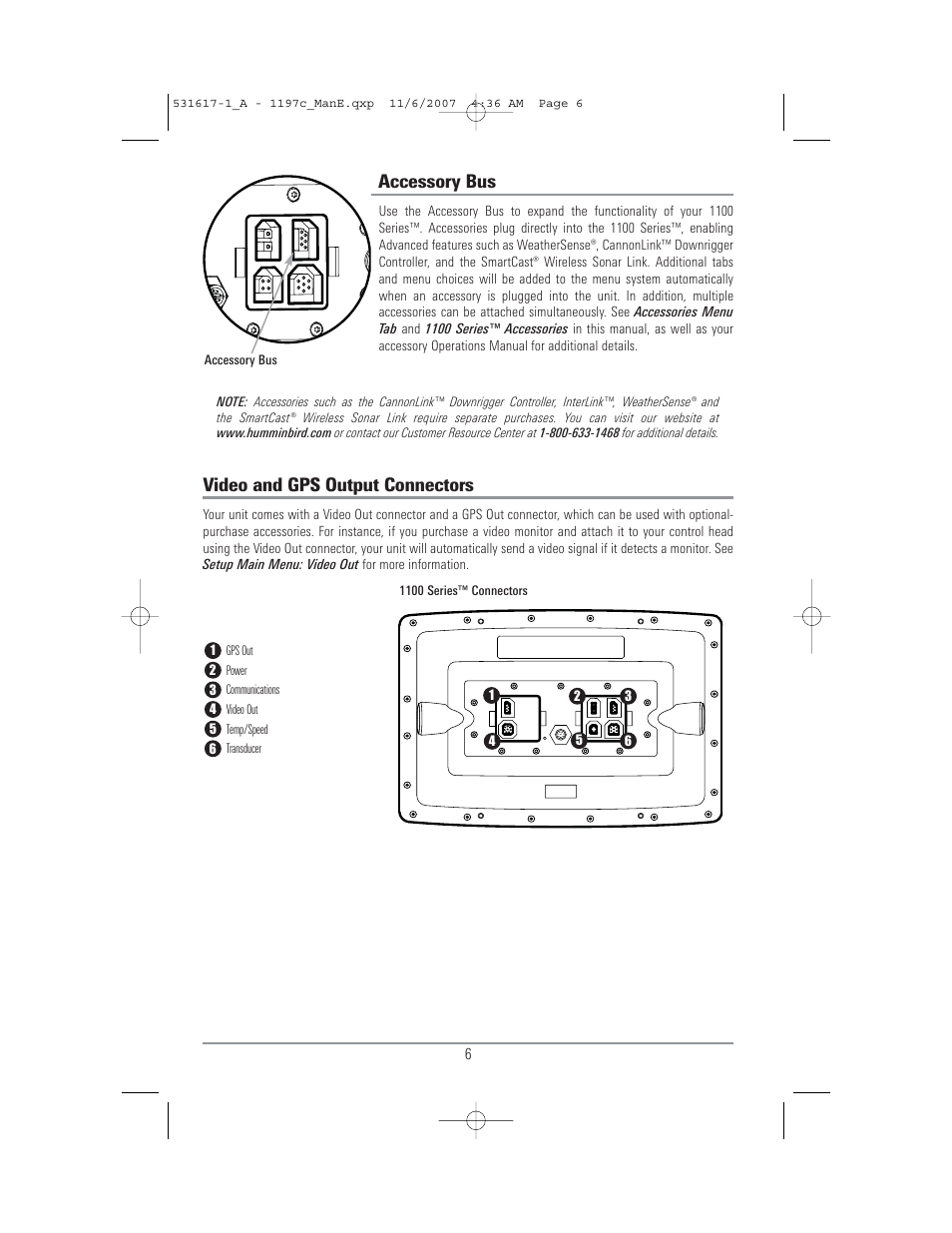 Accessory bus, Video and gps output connectors | Humminbird 1197C SI User Manual | Page 14 / 196