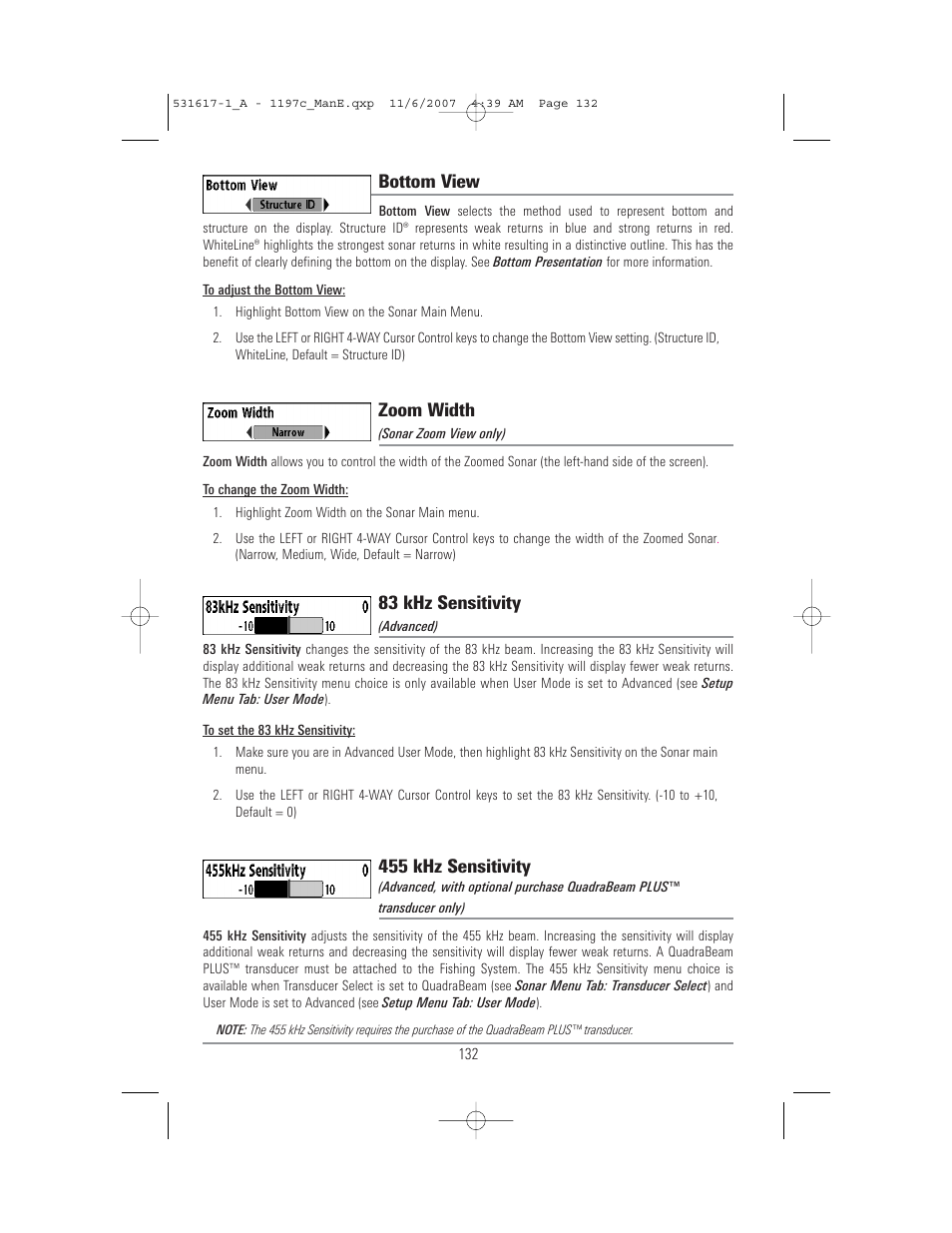 Bottom view, Zoom width, 83 khz sensitivity | 455 khz sensitivity | Humminbird 1197C SI User Manual | Page 140 / 196