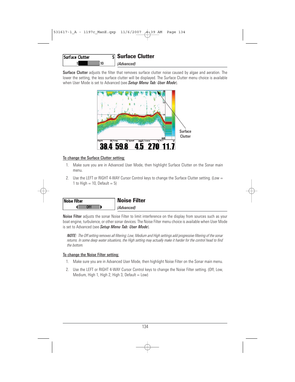 Surface clutter, Noise filter | Humminbird 1197C SI User Manual | Page 142 / 196