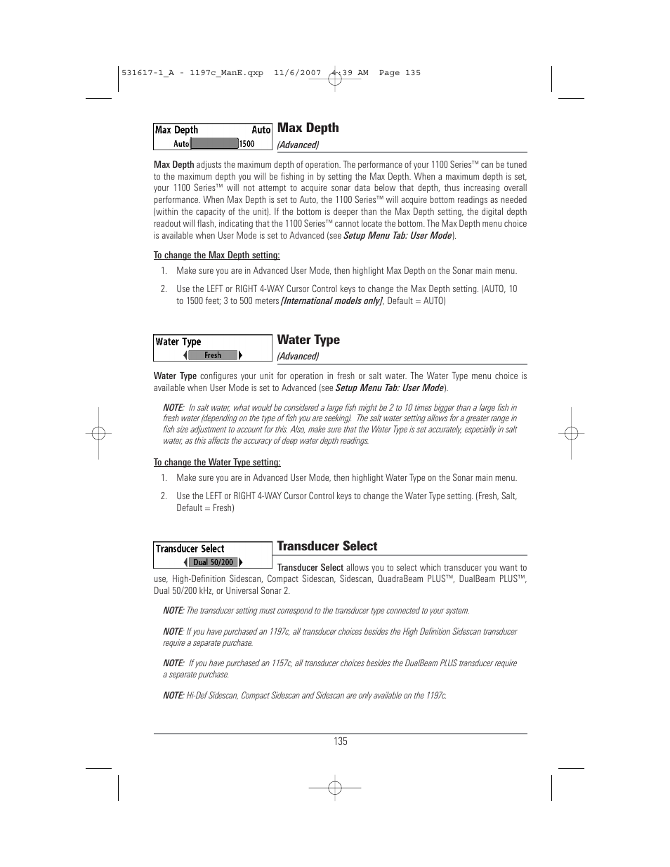 Max depth, Water type, Transducer select | Humminbird 1197C SI User Manual | Page 143 / 196