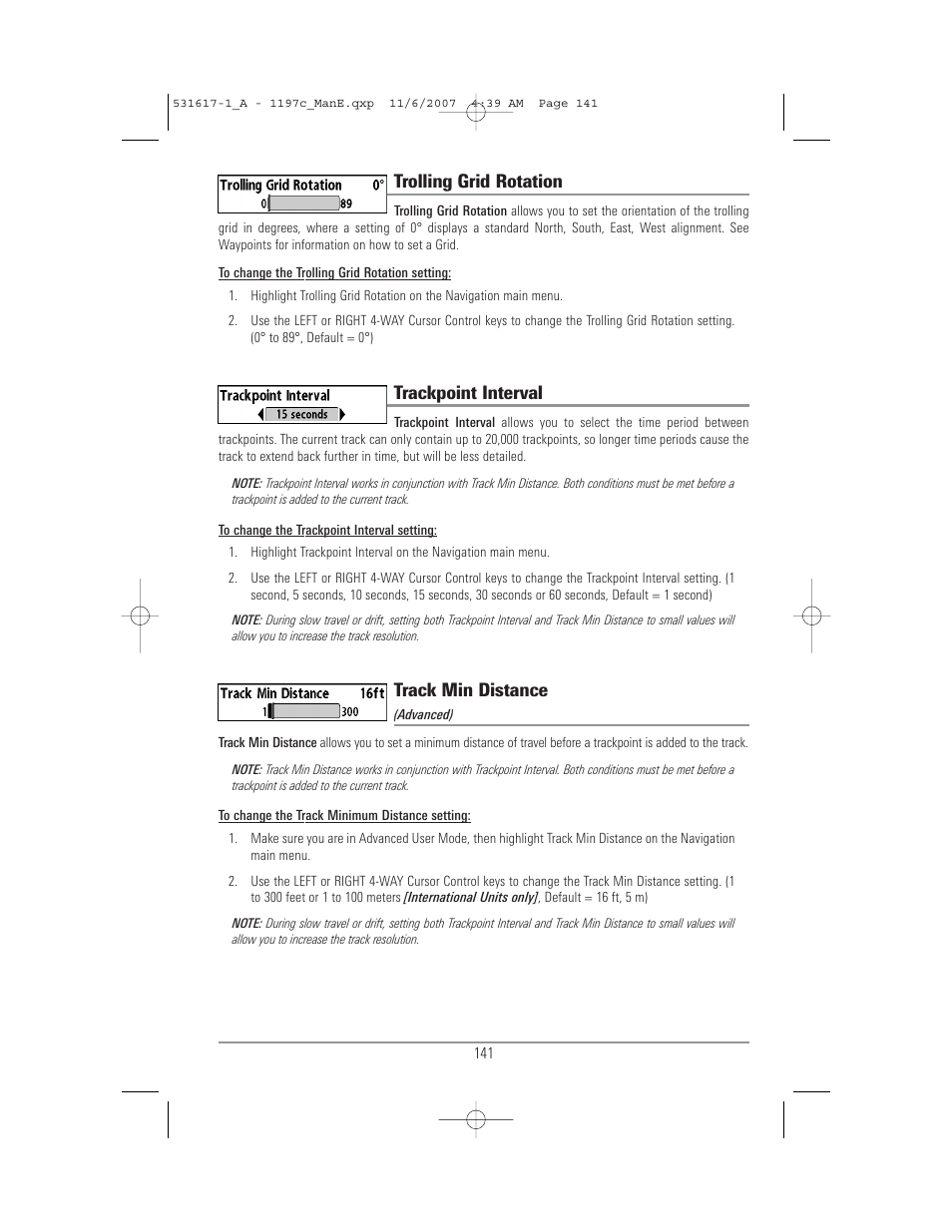 Trolling grid rotation, Trackpoint interval, Track min distance | Humminbird 1197C SI User Manual | Page 149 / 196