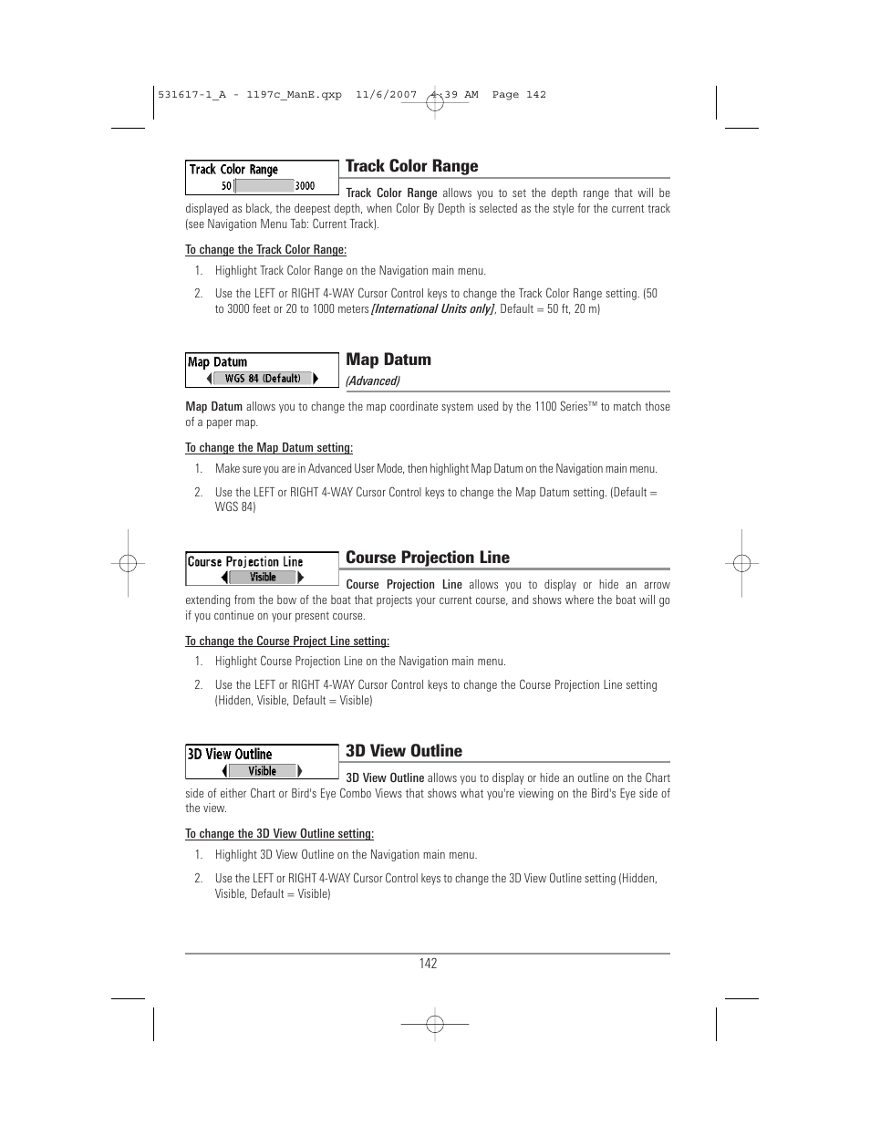 Track color range, Map datum, Course projection line | 3d view outline | Humminbird 1197C SI User Manual | Page 150 / 196