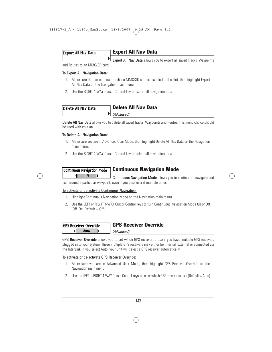 Export all nav data, Delete all nav data, Continuous navigation mode | Gps receiver override | Humminbird 1197C SI User Manual | Page 151 / 196