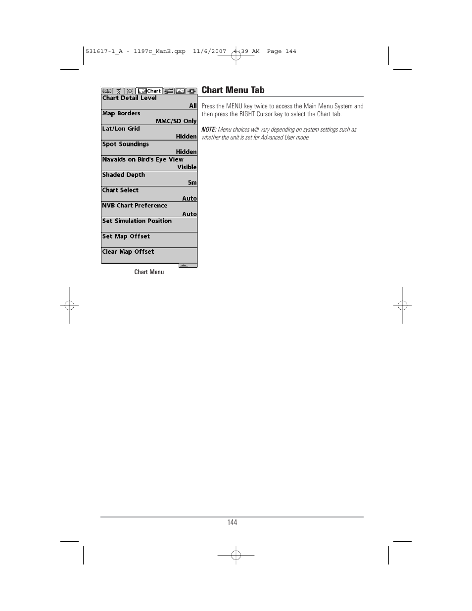 Chart menu tab | Humminbird 1197C SI User Manual | Page 152 / 196