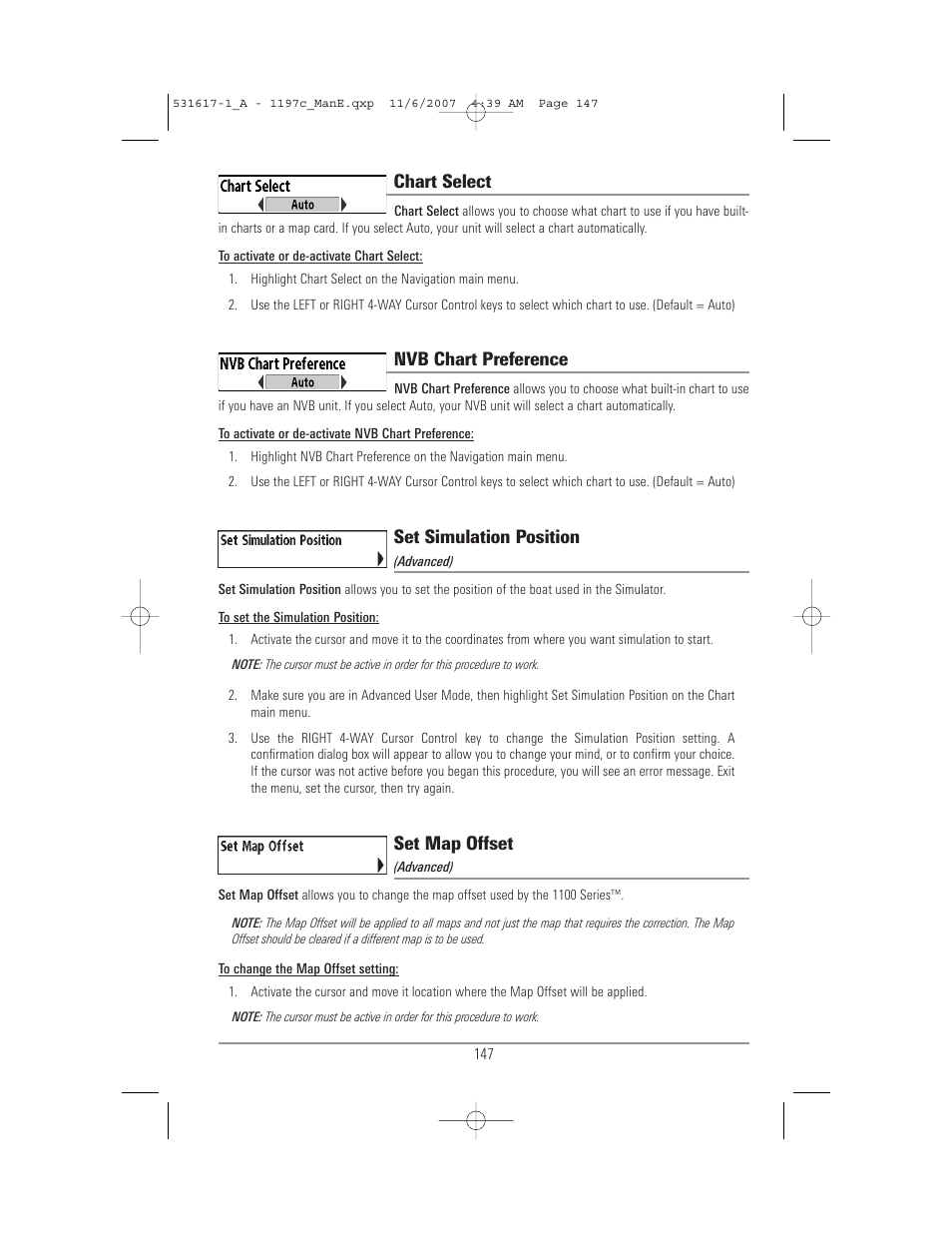 Chart select, Nvb chart preference, Set simulation position | Set map offset | Humminbird 1197C SI User Manual | Page 155 / 196