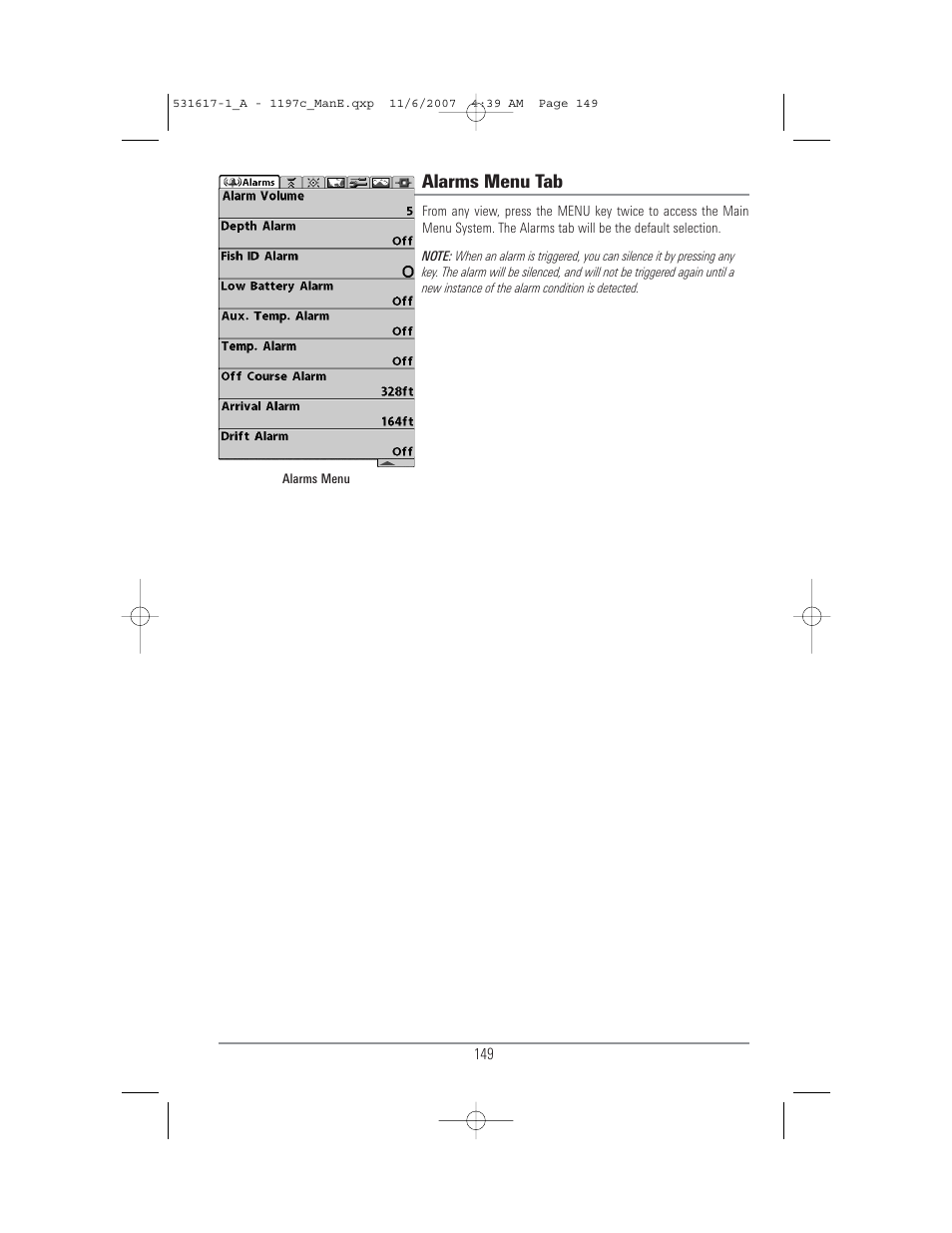 Alarms menu tab | Humminbird 1197C SI User Manual | Page 157 / 196