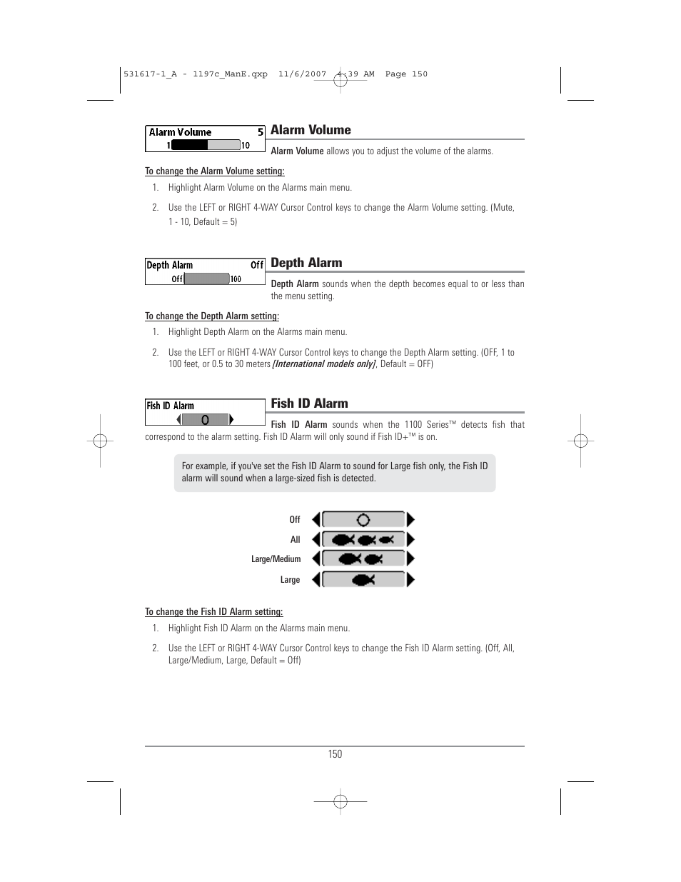 Alarm volume, Depth alarm, Fish id alarm | Humminbird 1197C SI User Manual | Page 158 / 196