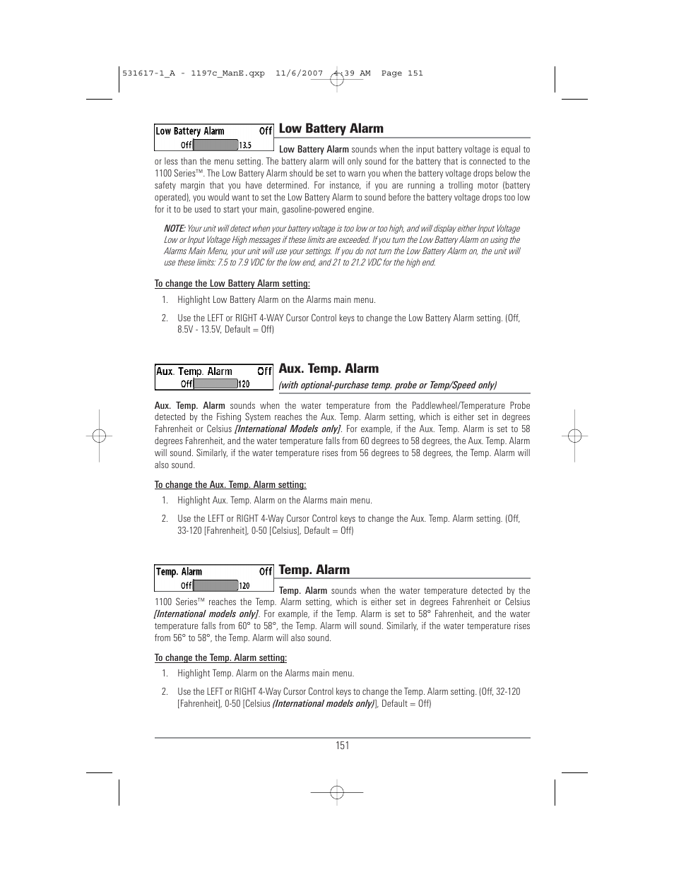 Low battery alarm, Aux. temp. alarm, Temp. alarm | Humminbird 1197C SI User Manual | Page 159 / 196