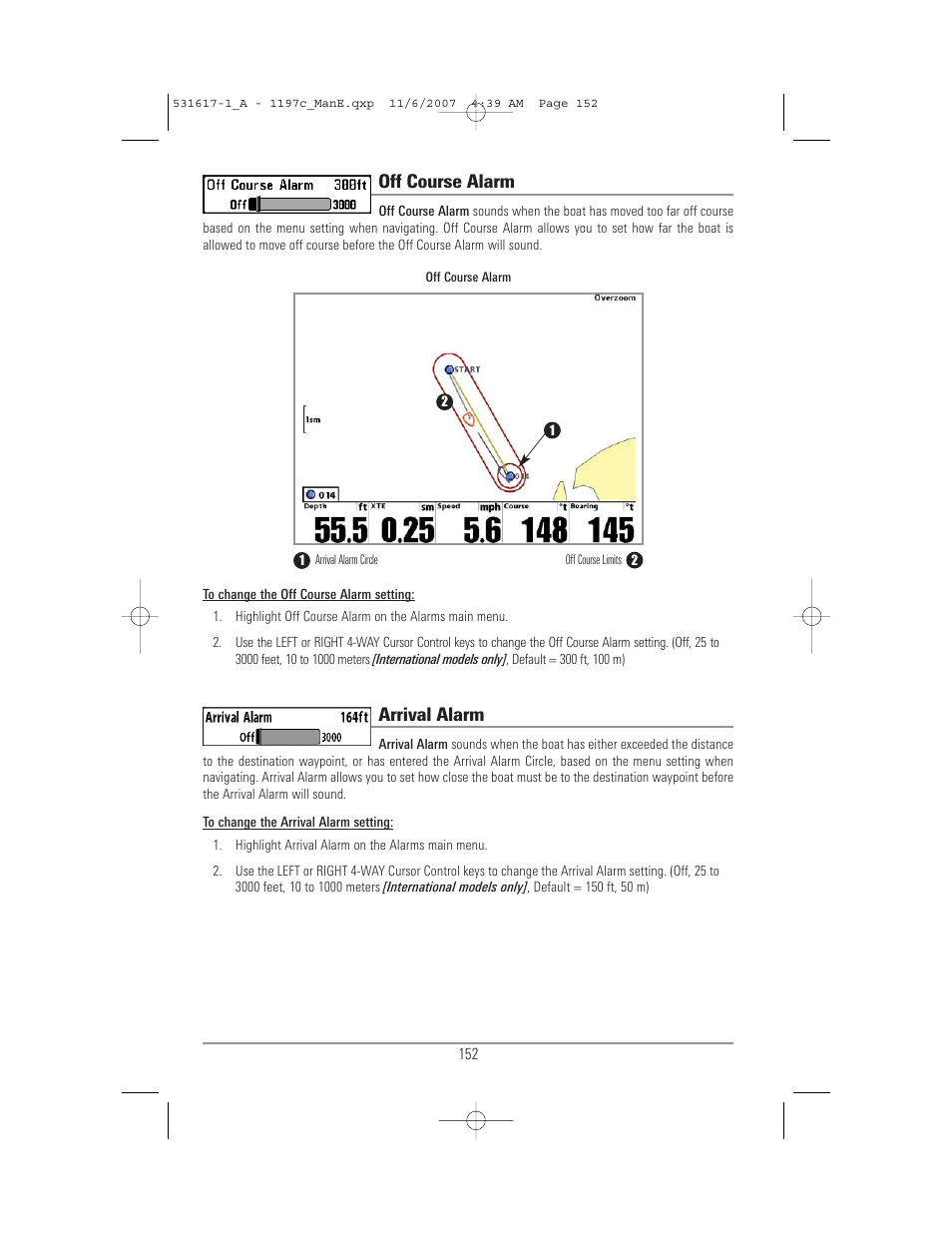 Off course alarm, Arrival alarm | Humminbird 1197C SI User Manual | Page 160 / 196