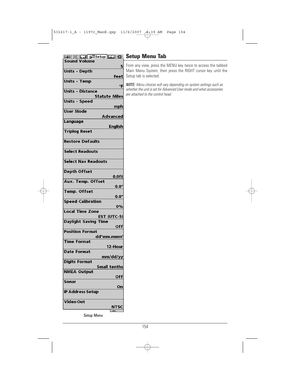 Setup menu tab | Humminbird 1197C SI User Manual | Page 162 / 196