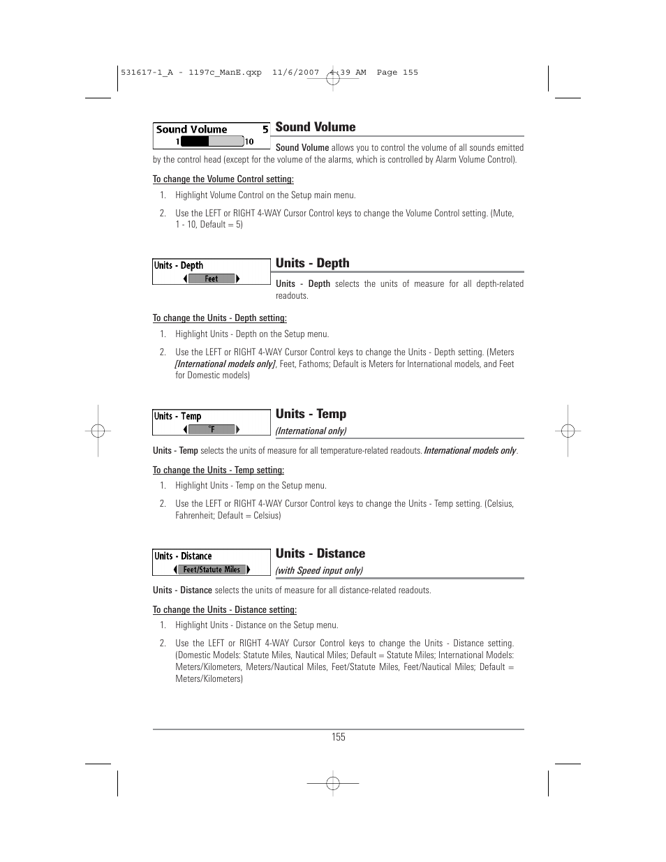 Sound volume, Units - depth, Units - temp | Units - distance | Humminbird 1197C SI User Manual | Page 163 / 196