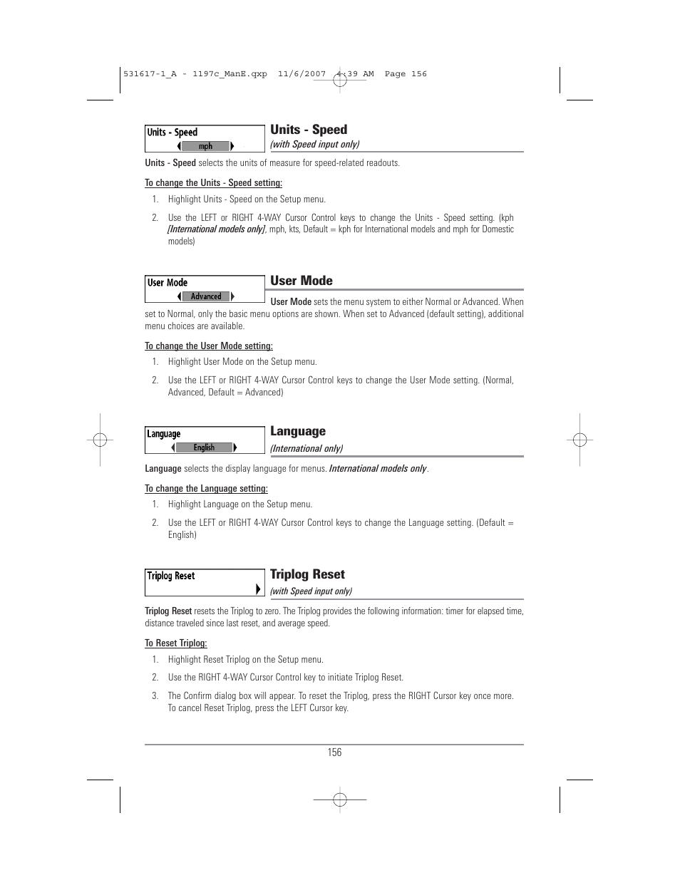 Units - speed, User mode, Language | Triplog reset | Humminbird 1197C SI User Manual | Page 164 / 196