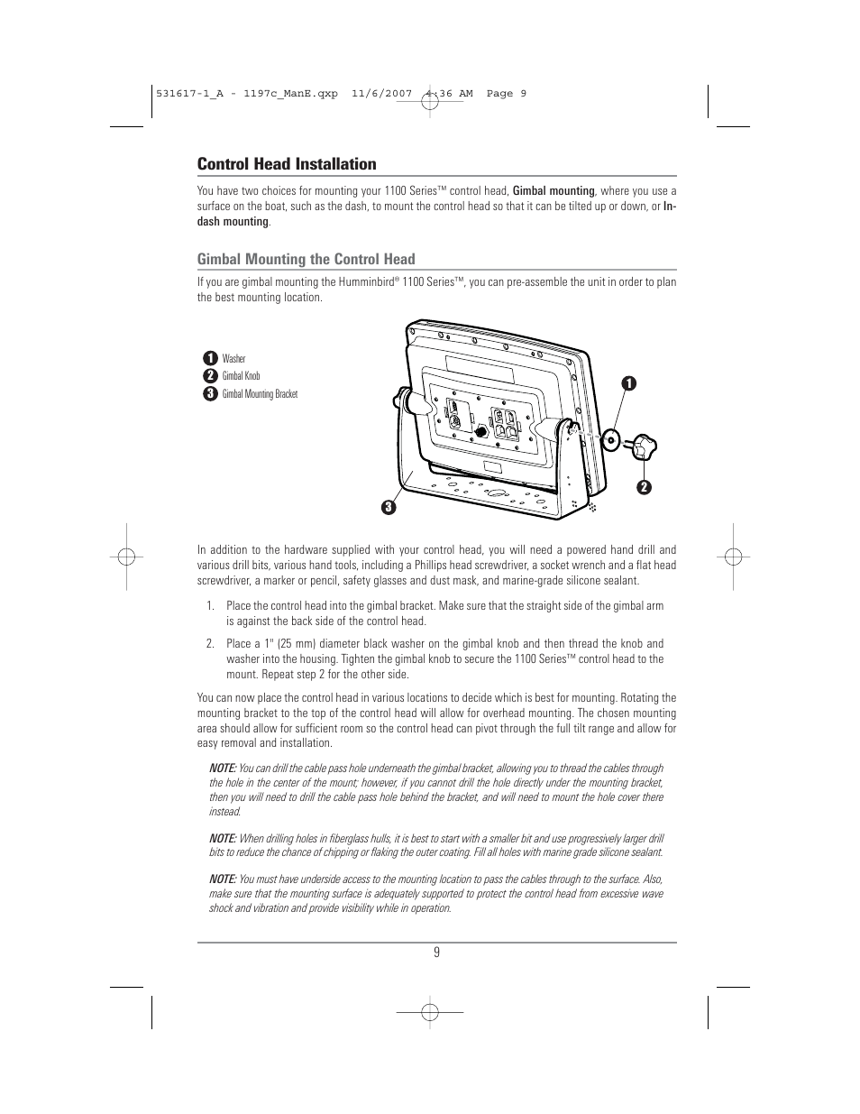 Control head installation | Humminbird 1197C SI User Manual | Page 17 / 196