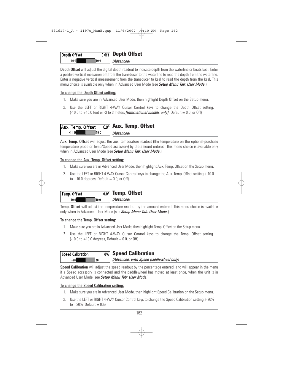 Depth offset, Aux. temp. offset, Temp. offset | Speed calibration | Humminbird 1197C SI User Manual | Page 170 / 196