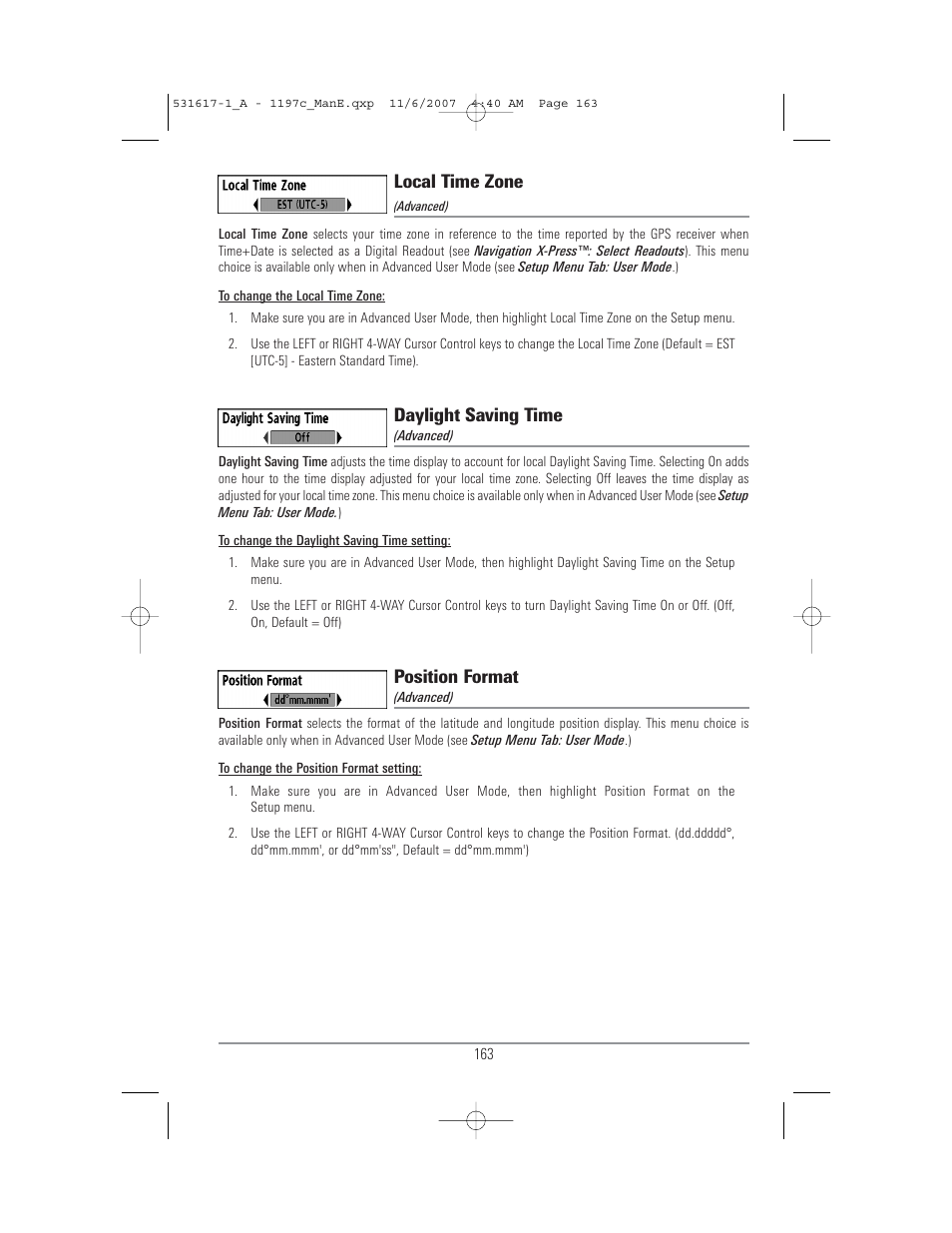 Local time zone, Daylight saving time, Position format | Humminbird 1197C SI User Manual | Page 171 / 196