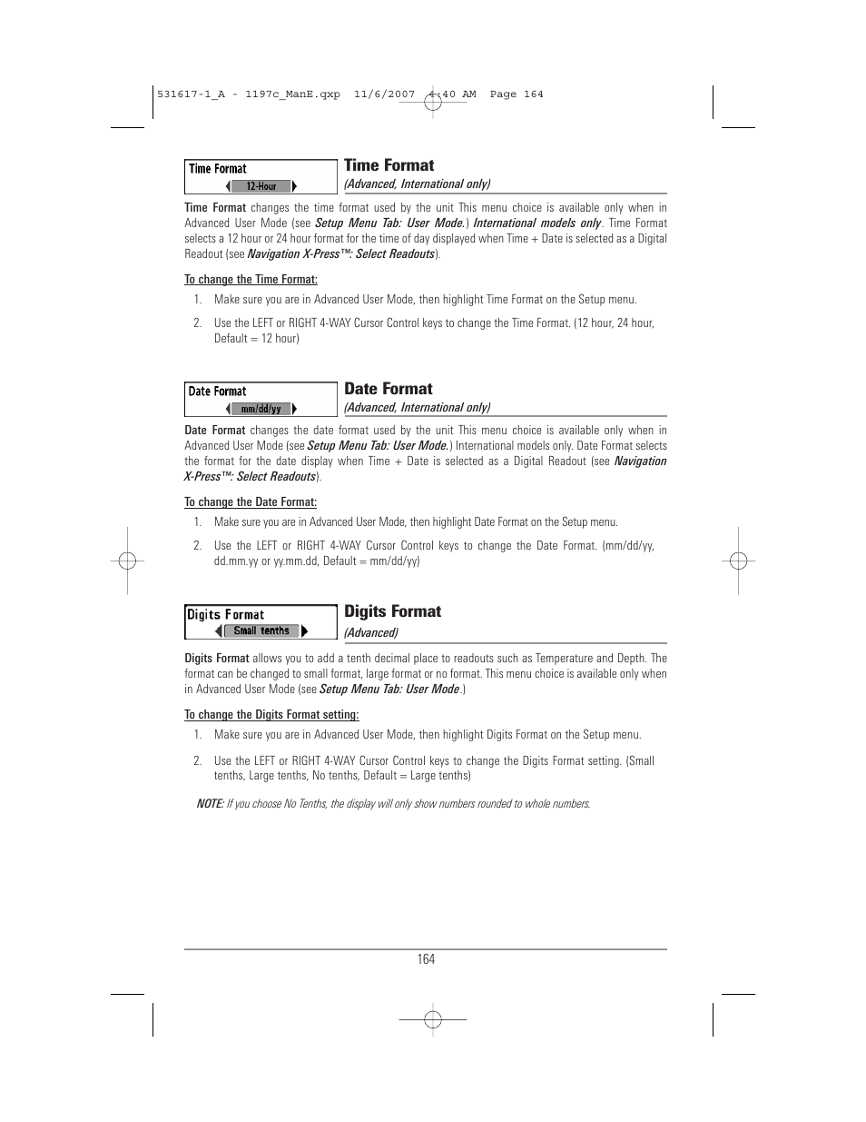 Time format, Date format, Digits format | Humminbird 1197C SI User Manual | Page 172 / 196