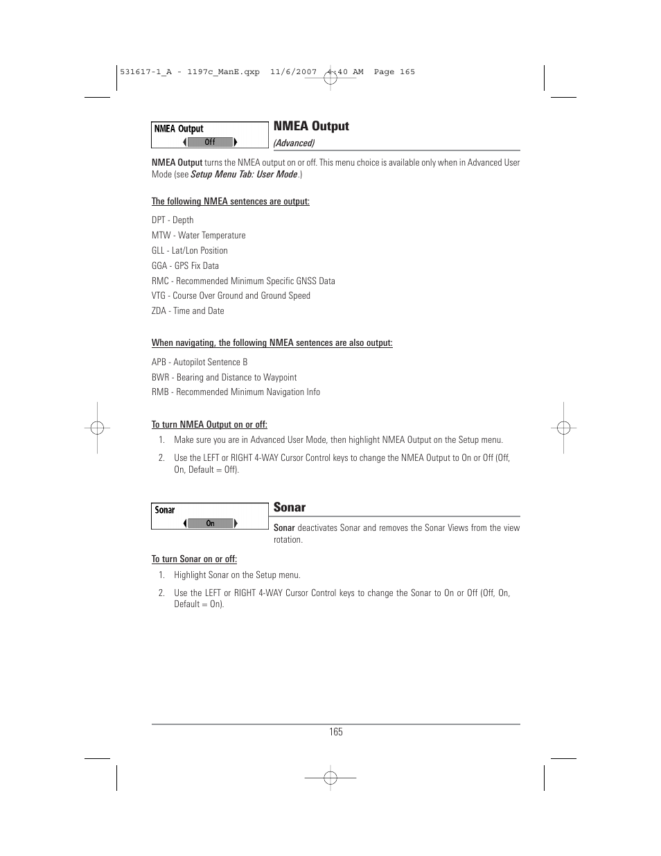 Nmea output, Sonar | Humminbird 1197C SI User Manual | Page 173 / 196