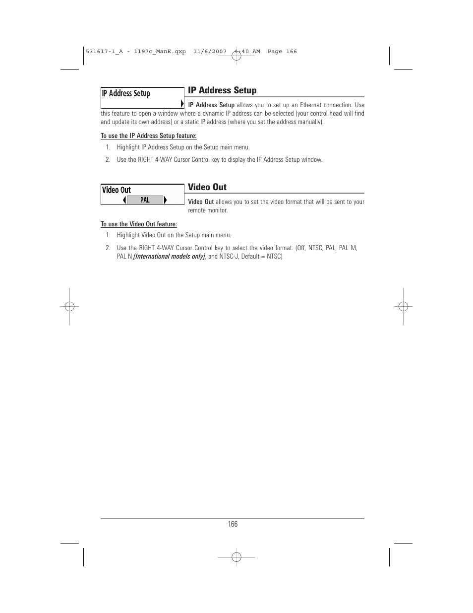 Ip address setup, Video out | Humminbird 1197C SI User Manual | Page 174 / 196